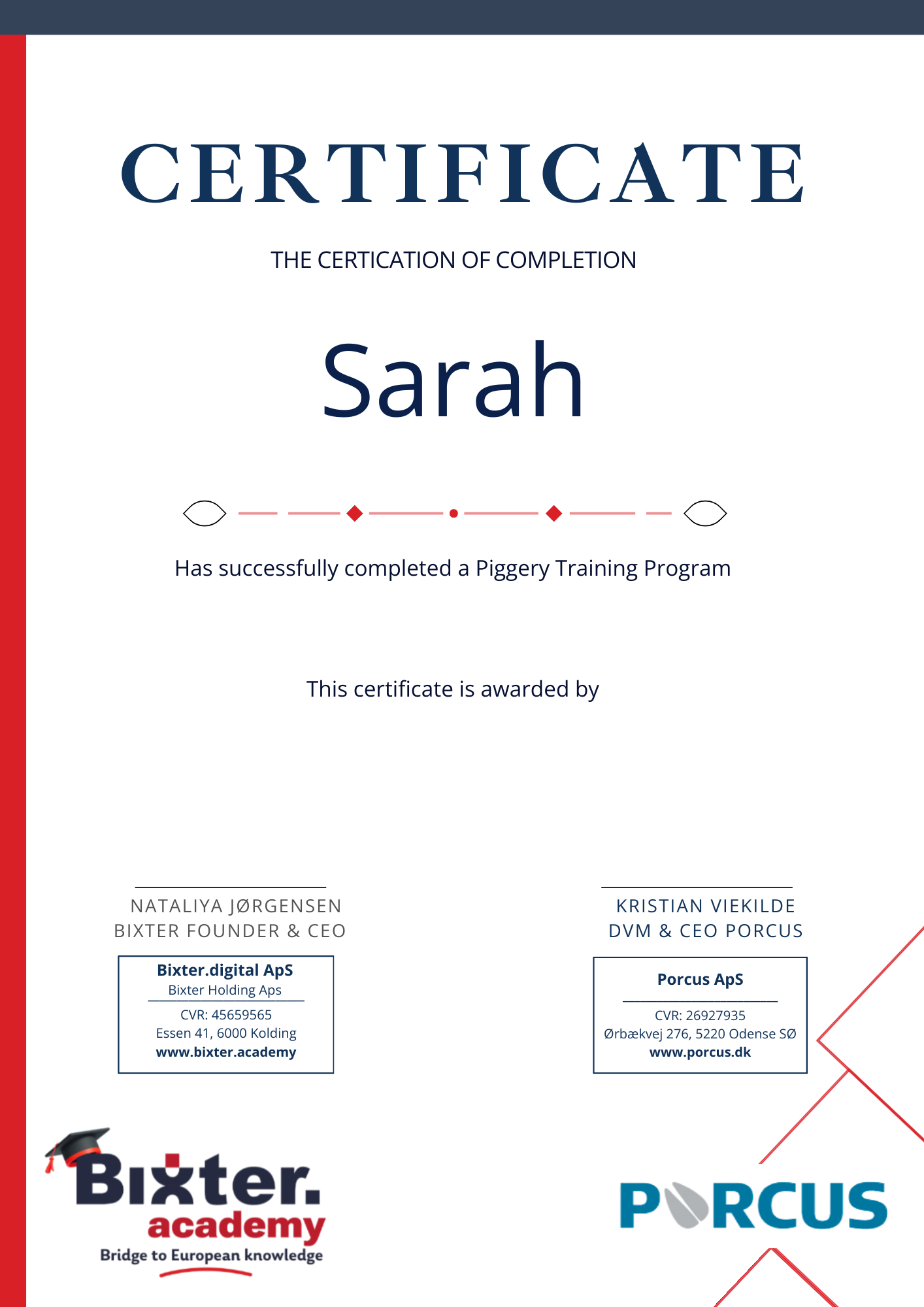 Certificate Endorsed by Piggery Veterinary Experts – Porcus