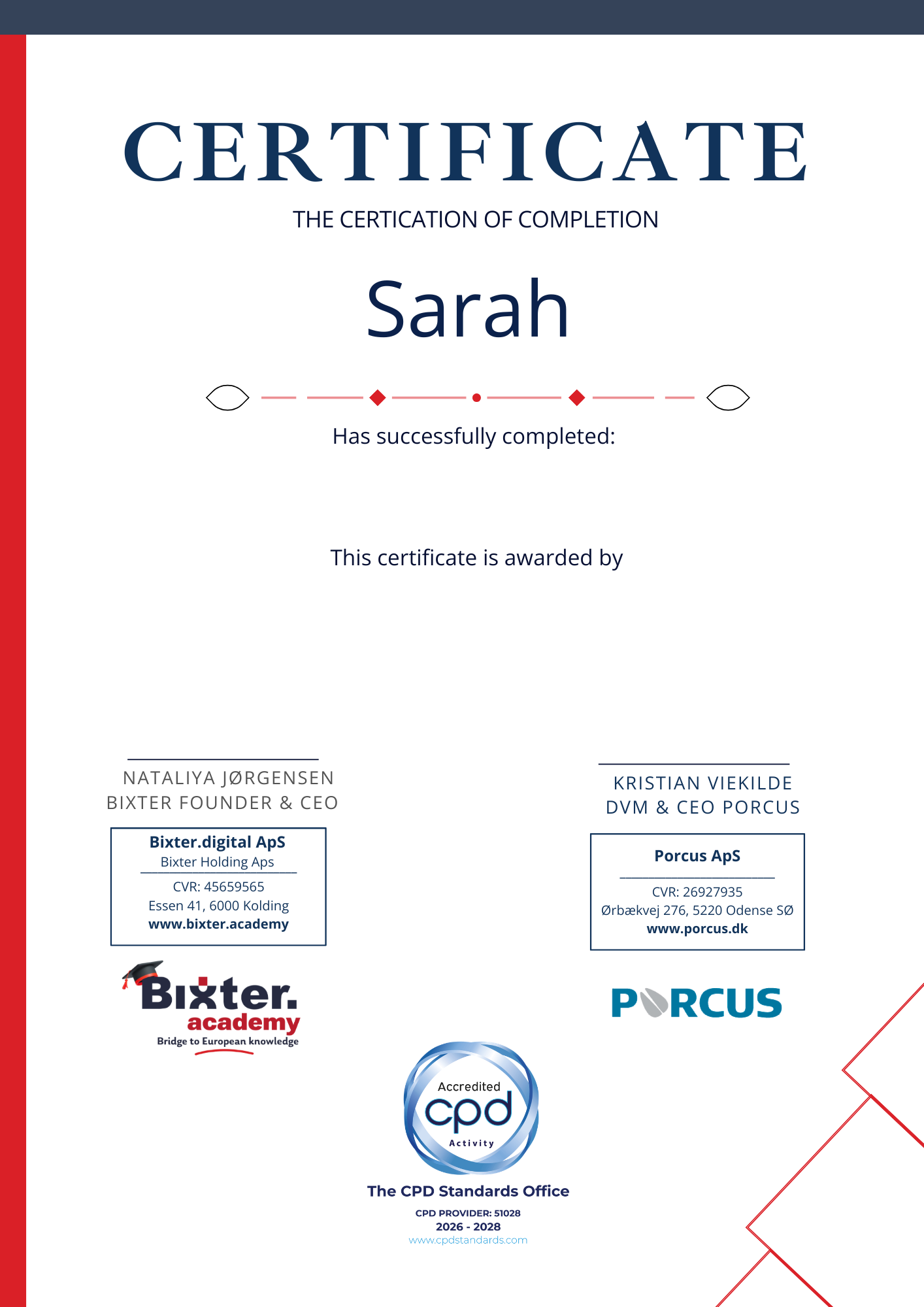 Certificate Endorsed by  by Dairy Veterinary Experts – Porcus and CPD
