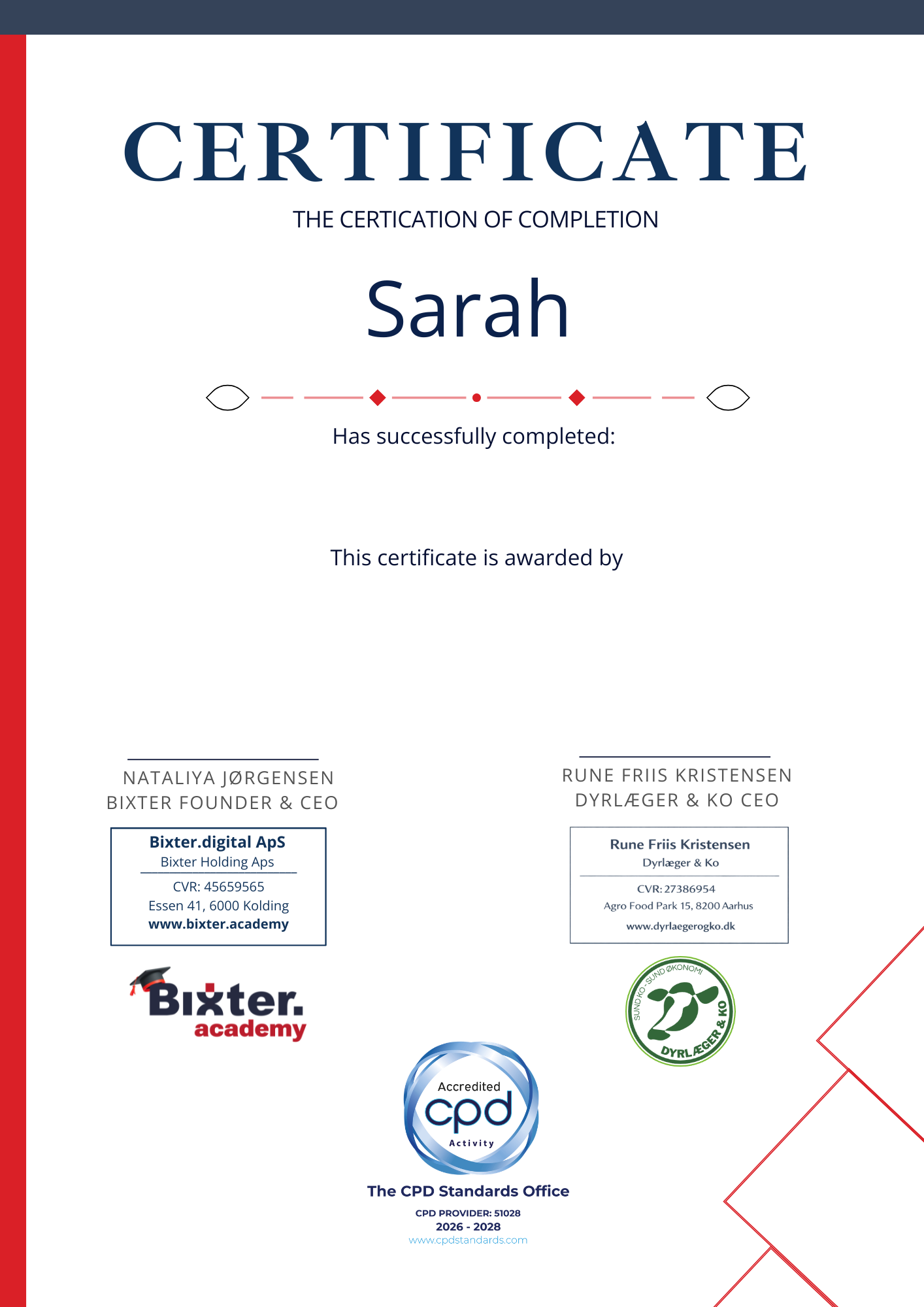 Certificate Endorsed by Dairy Veterinary Experts – Dyrlæger og Ko and VetSalus and CPD