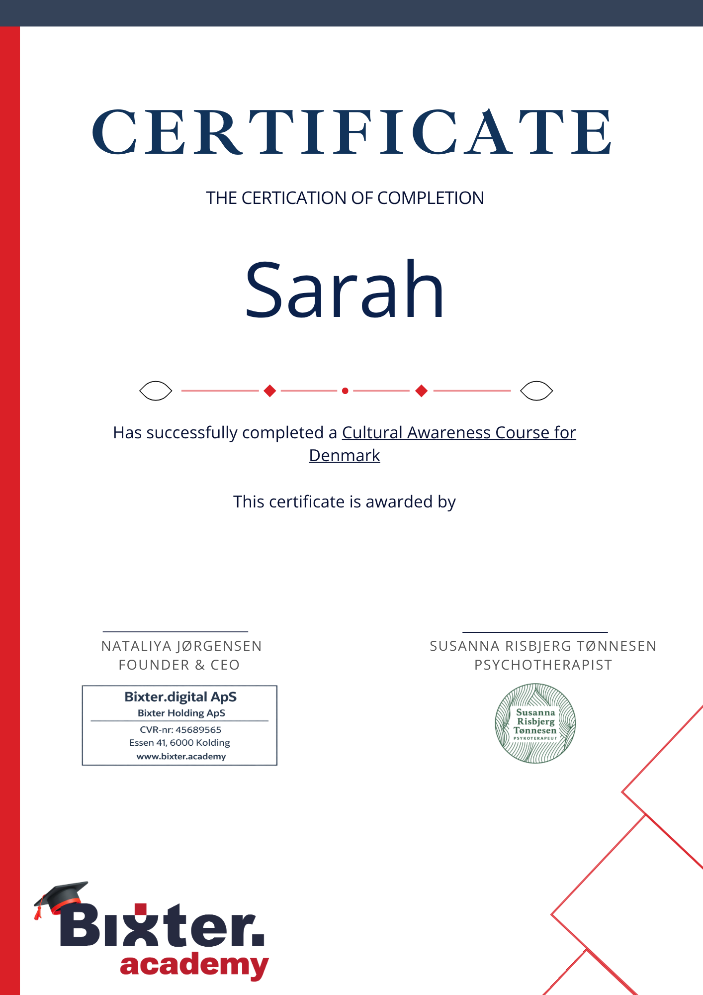 Certificate Endorsed by Psychotherapist Susanna Risbjerg Tønnesen